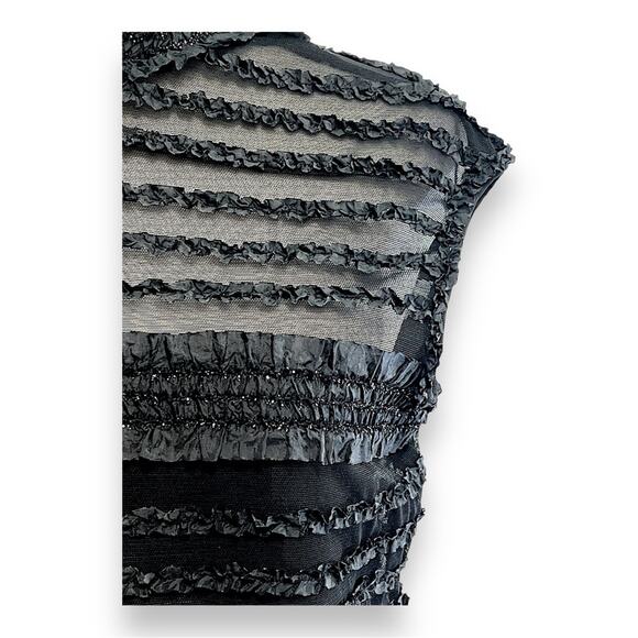 TADASHI Neiman Marcus Sheer Black Mini Ruffle Black Sparkle Cap Sleeve Top 8 - Picture 9 of 16